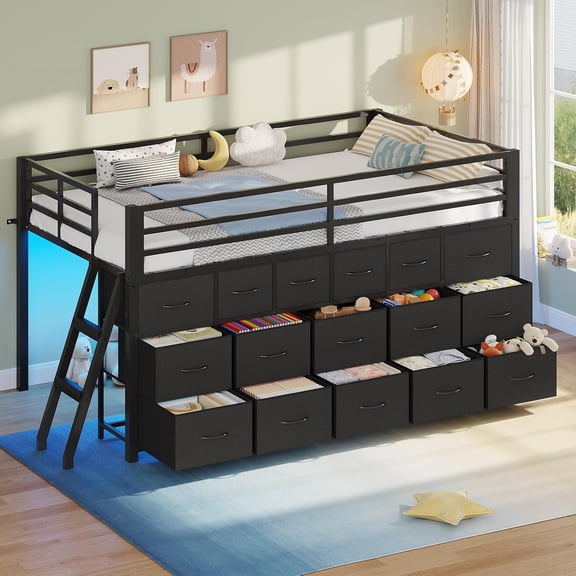 Toogaho Twin Low Loft Bed with Storage,Metal Loft Bed Frame with Led Light & Under-Bed Play Space,Black