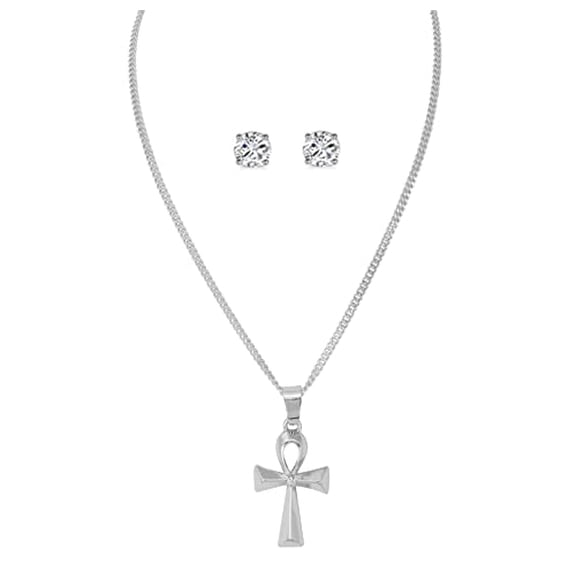 Slay Queen w/ Ladies on Fire Hip Hop Jewelry Necklace, Pendant, and Earrings Bling Set - TPBE-01 (18, Italy Silver (Ankh Cross)