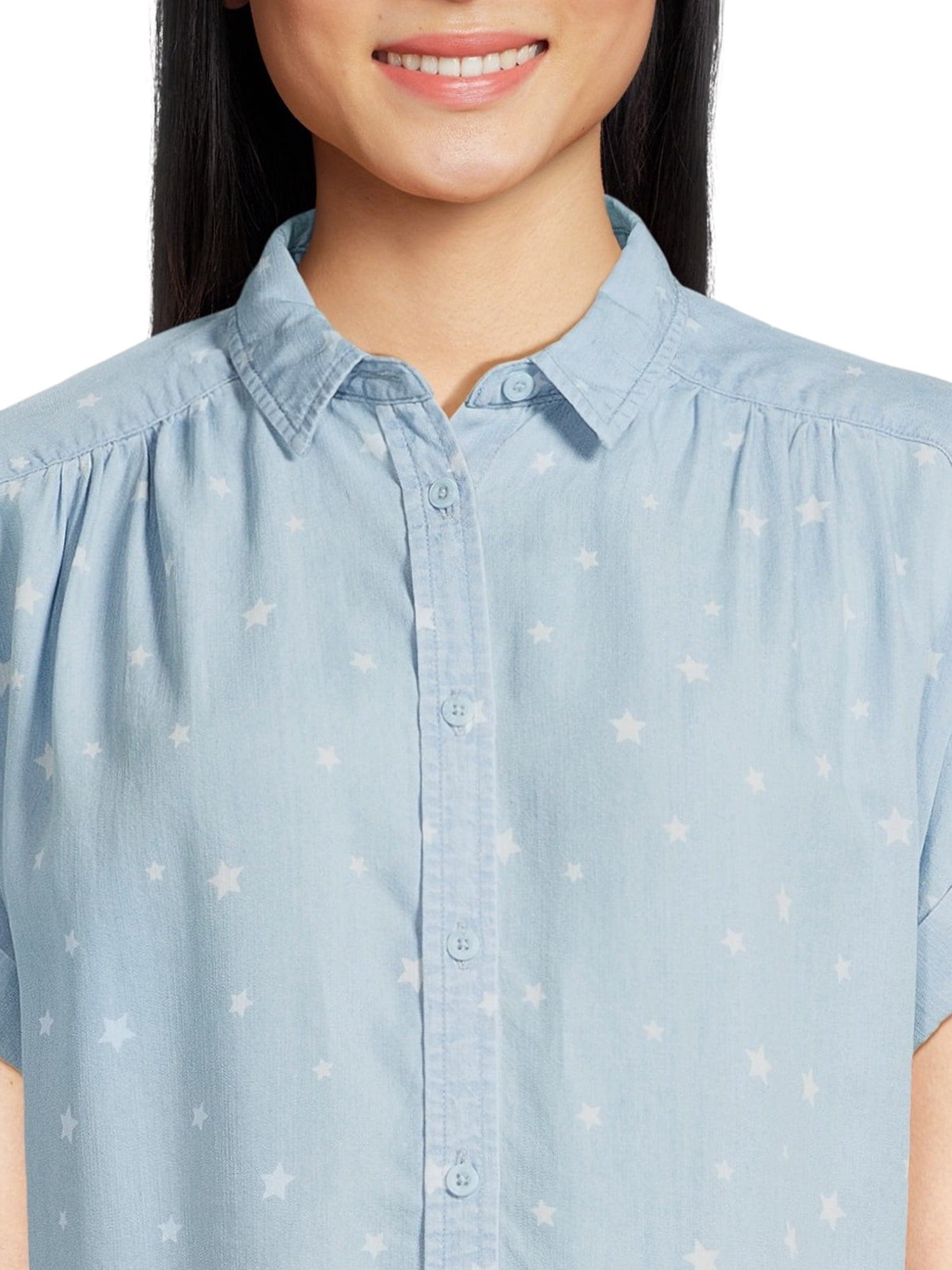 Time and Tru Women's Button Down Camp Shirt with Roll Cuff Sleeves, Sizes XS-XXXL