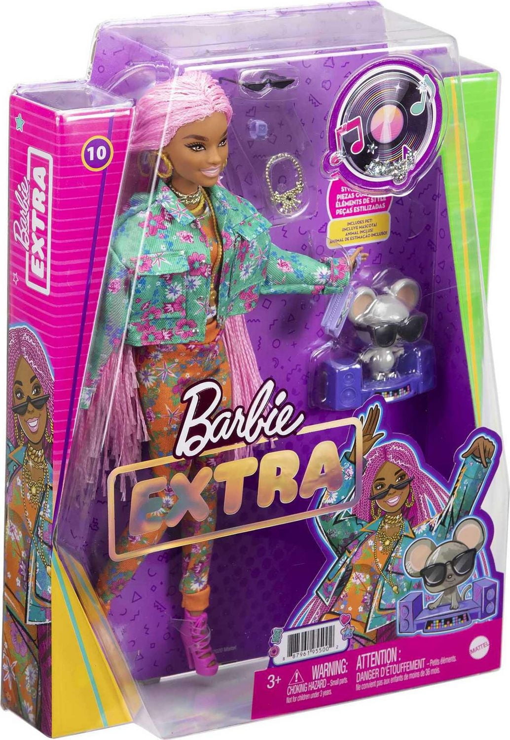 Poupée Barbie Extra n° 10 avec Veste à Imprimé Floral et Ensemble de Survêtements, Figurine Souris DJ, Très Longues Tresses Roses, Tenue et Accessoires, Plusieurs Articulations Flexibles, Cadeau