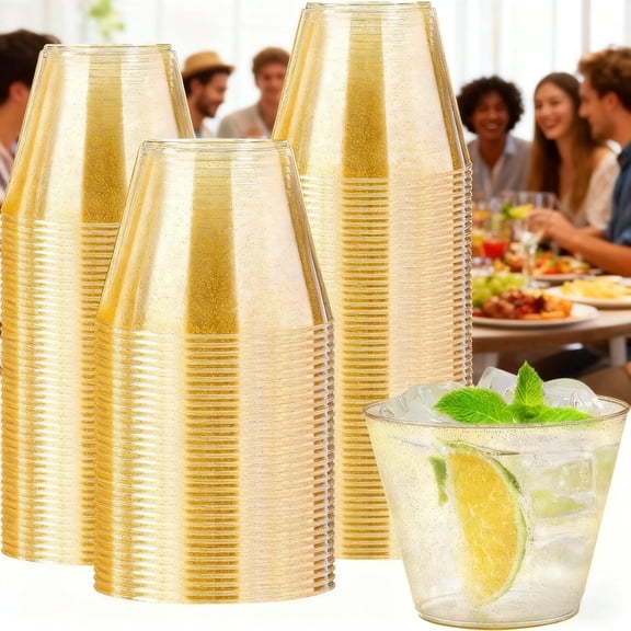 50 Pack 9 oz Gold Glitter Plastic Cups – Disposable for Weddings, Christmas, and Parties