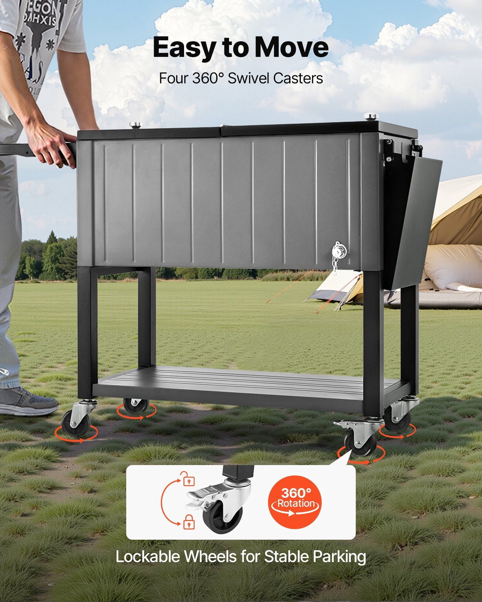 80QT Rolling Ice Chest, Holds up to 50 Bottles/ 110 Cans, Portable Patio Party Bar Drink Cooler Cart with Bottom Shelf & Foldable Side Shelves, Beverage Pool with Swivel Wheels & Bottle Opener