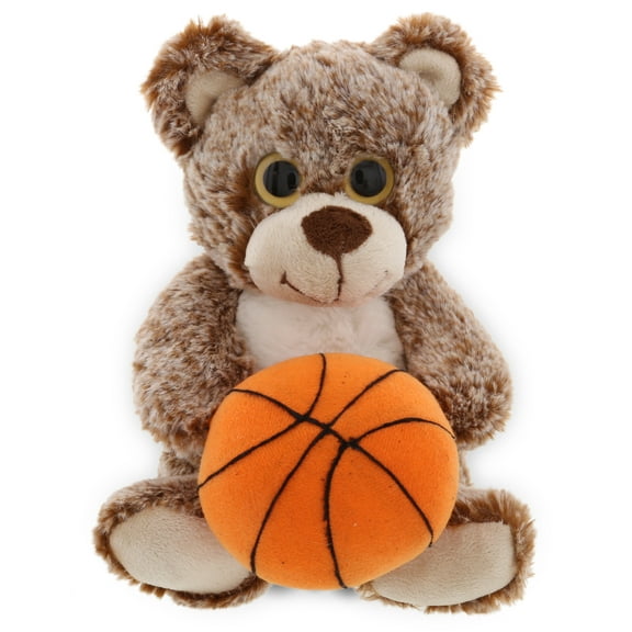 DolliBu Sitting Brown Bear Stuffed Animal with Basketball Plush - Soft Plush Huggable Bear, Adorable Playtime Plush Toy, Cute Wildlife Gift, Basketball Plush Animal Toy for Kids and Adults - 9 Inch
