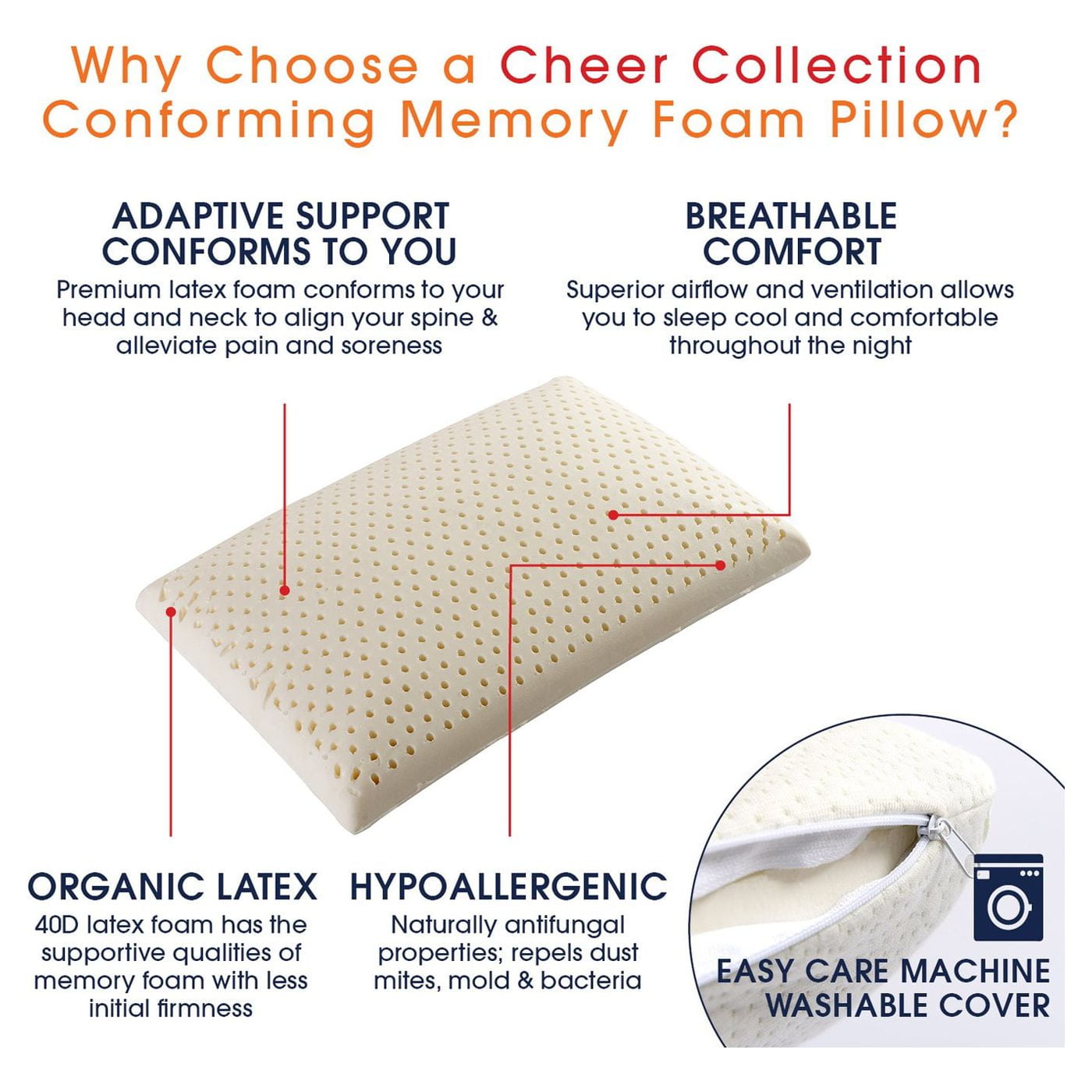 Cheer Collection Latex Foam Pillow for Sleeping with Soft Washable Bamboo Cover
