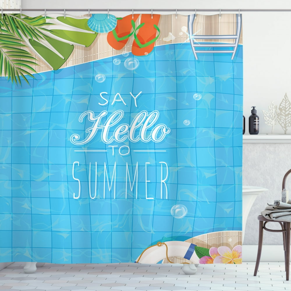 Hello Summer Shower Curtain, Top View of Swimming Pool with Clean Water