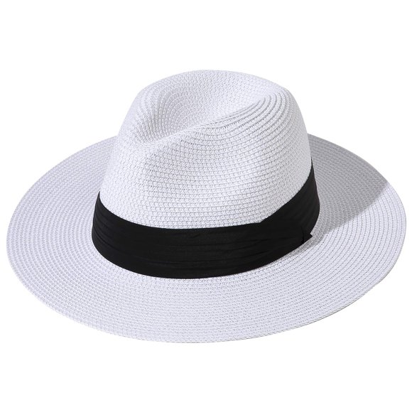 Lanzom Sombrero enrollable Panamá de paja de ala ancha para mujer Fedora Beach Sun Hat UPF50+