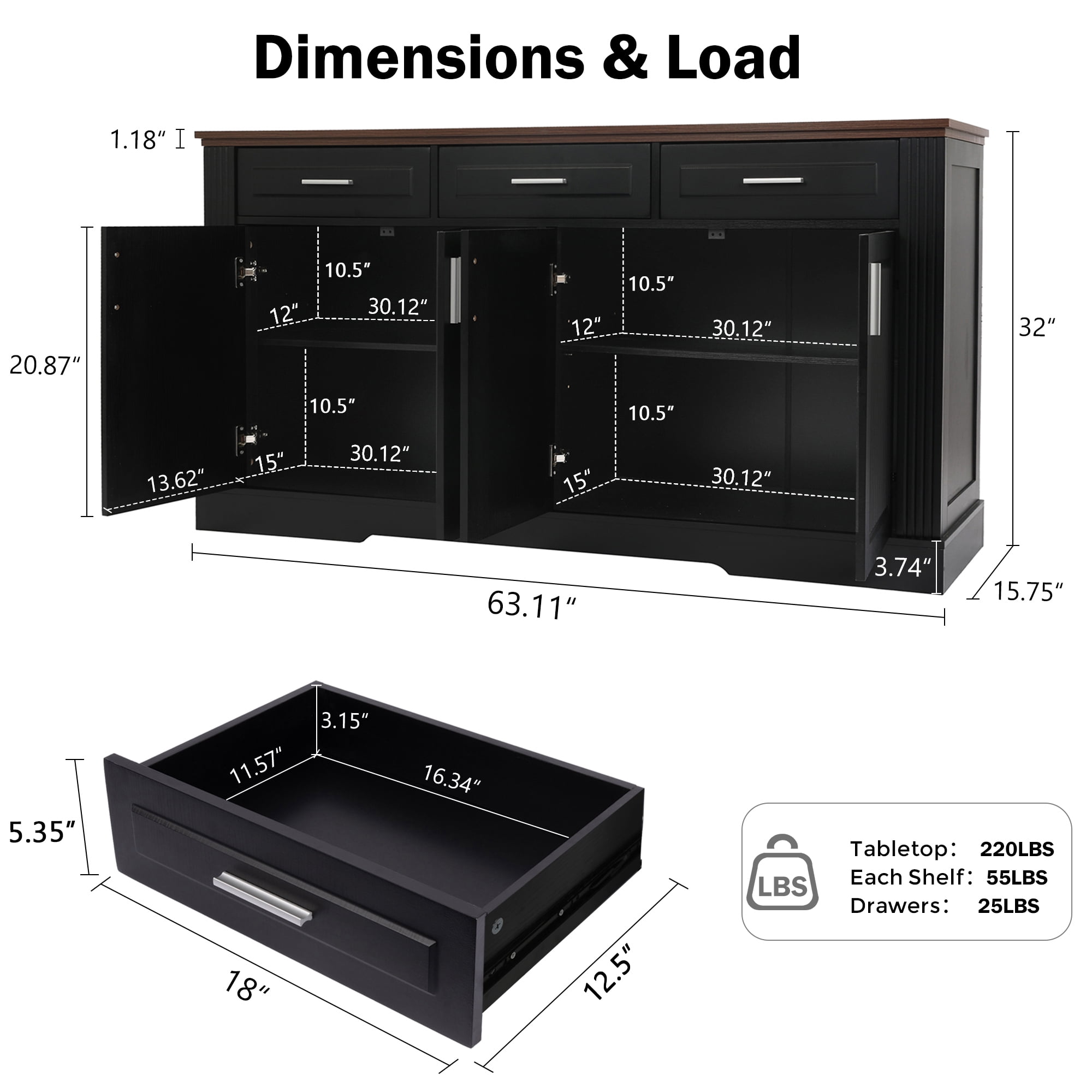 Mintazer 63" Fluted Sideboard Buffet Cabinet with Storage, Kitchen Storage Console Table with 4 Doors and 3 Drawers, Modern Coffee Bar Station for Entryway Kitchen Living Room Dining Room, Black