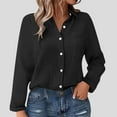 thumbnail image 2 of Lenpel Linen Tops for Women Long Sleeve Collared Curved Hem Pleated Button down Shirts Loose Casual Blouses with Pocket(Black,Medium), 2 of 6