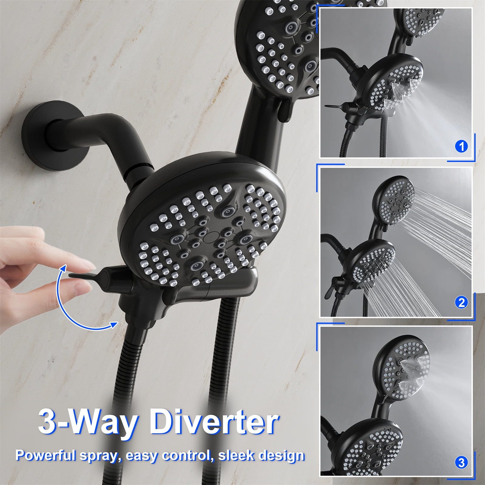 ANGELES HOME Bathtub Shower Faucet Set with Tub Spout, 3-in-1 Dual Shower Head System with Handheld Spray Combo, 5-Mode, Valve Trim Kit, Matte Black