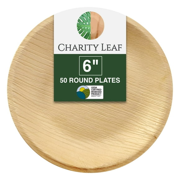 Charity Leaf Assiettes Rondes Jetables en Forme de Feuille de Palmier 6 Pouces (50 Pcs) Plateaux de Service Effet Bambou, Planches Jetables, Vaisselle Écoresponsable pour Mariages, Traiteur, Événements