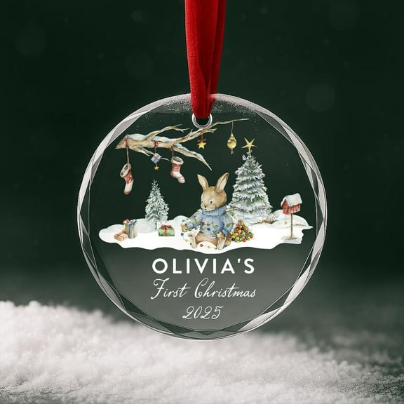 Baby’s First Christmas Heart Glass Ornament 2025 – Personalized Name, Woodland Bunny