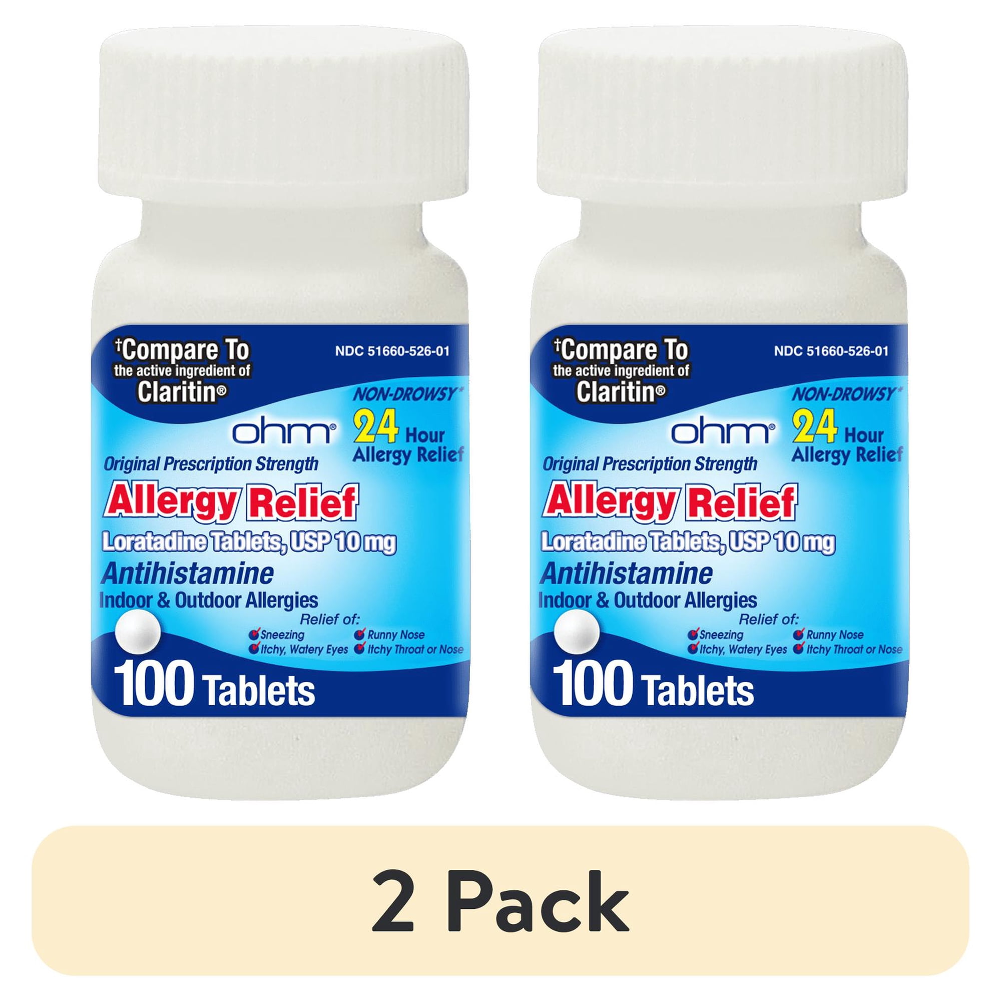 (2 pack) Ohm Loratadine Allergy Relief Tablets, 10 mg Antihistamine, Non-Drowsy 24-Hour Relief for Sneezing & Seasonal Allergies, 100 Count