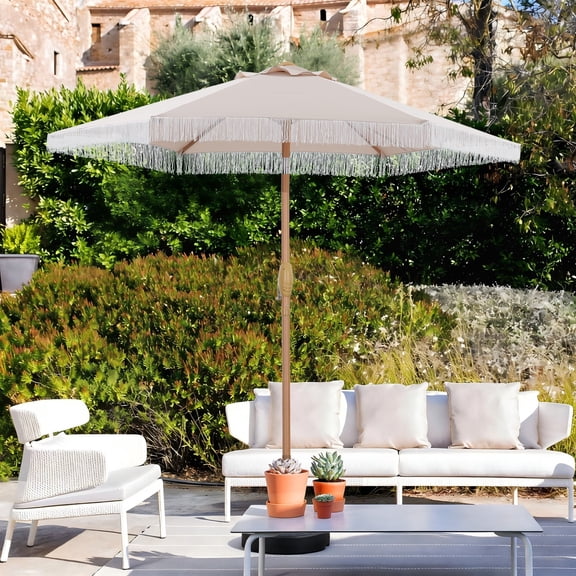 Autlaycil 7.5 ft Fringe Patio Umbrella, Outdoor Table Tassels Umbrella with Push Button Tilt and Crank - Khaki