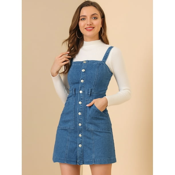 Vestido de peto para mujer con tirantes ajustables Vestido de mezclilla general de una linea Azul S Allegra K Vestido