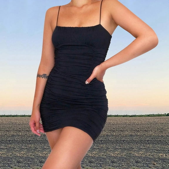 Aayomet Dresses for Women 2023 Wedding Guest Women's Ruched Spaghetti Strap Mini Short Dress,Black XL