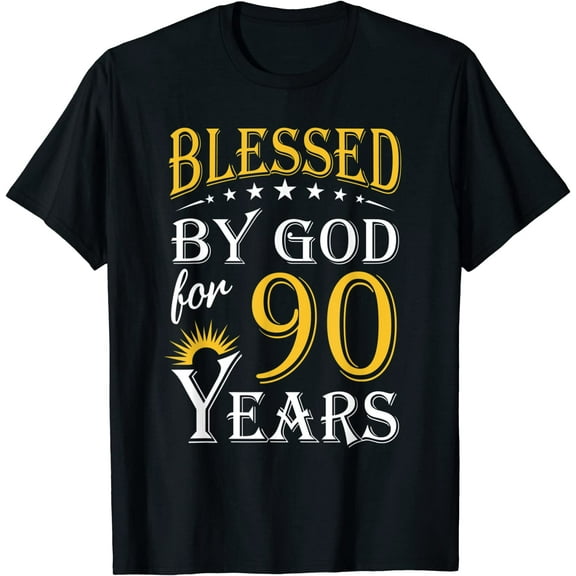 Vintage Blessed by God for 90 years Happy 90th Birthday T-Shirt Casual Short Sleeve Round Neck Tops