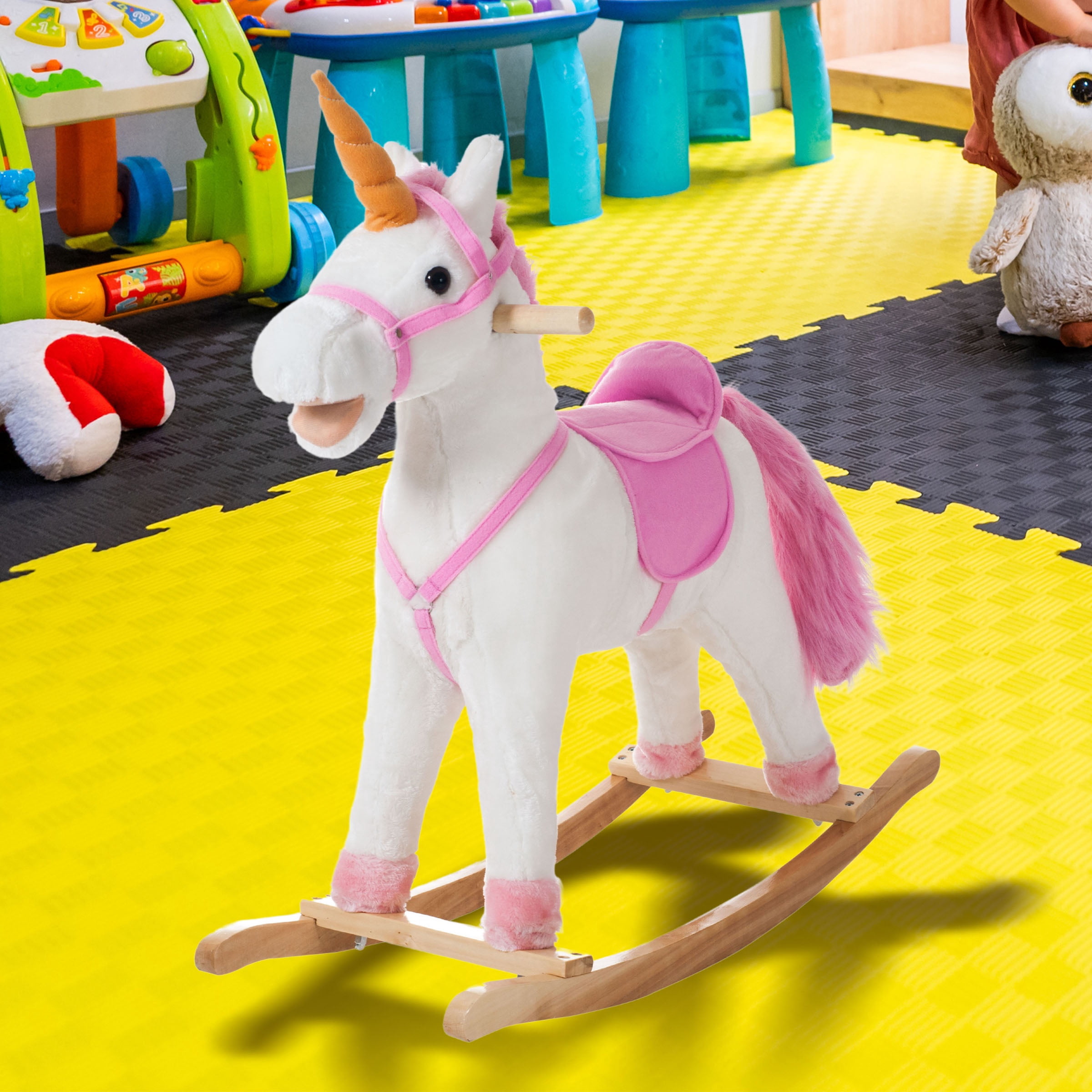 Happy Trails Ride-On Unicorn Rocking Horse with Sturdy Wooden Base for Toddlers Ages 3 and Up, (White)