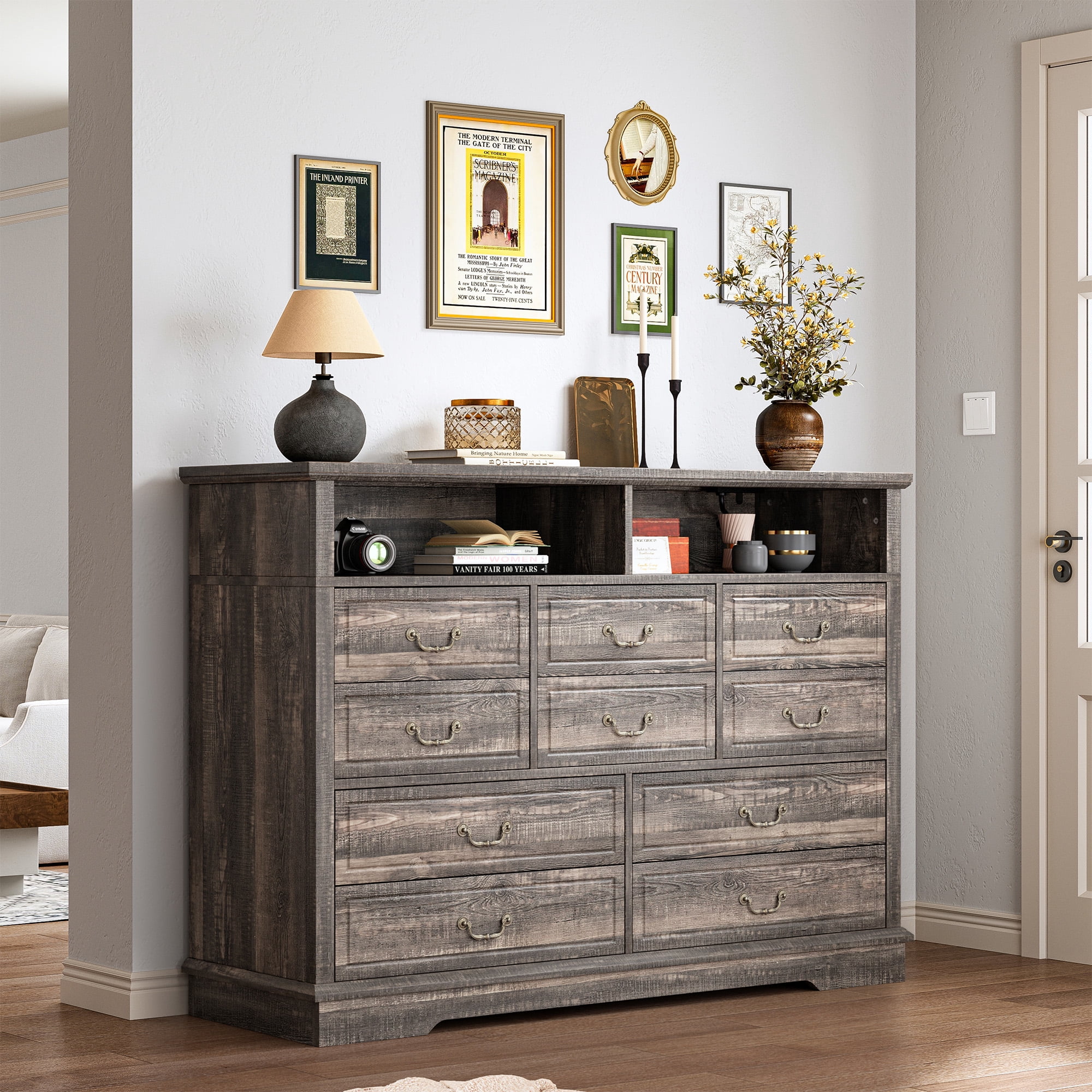 EnHomee Wood Dresser 10 Drawers Dressers for Bedroom with LED Lights and Power Outlets,Rustic Oak