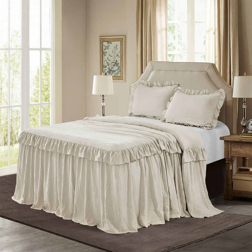 HIG 3 Piece Ruffle Skirt Bedspread Set QueenCamel Color 30 inches Drop
