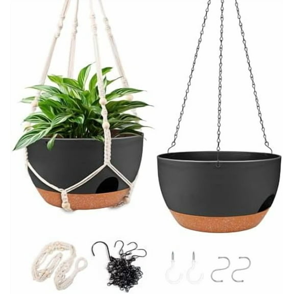 Hanging Planters for Outdoor Indoor Plants, 2 Pack 12 Inch Hanging Basket Plants Outdoor, Self Watering Hanging Planter with Plant Hanger for Garden Home Decoration (2 Type Plant Hangers Black)