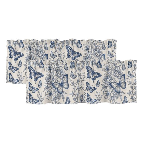 Rose Butterfly Valances for Window 2 Pack, Vintage Farmhouse Floral Navy Blue Flower Botanical Rod Pocket Curtains Valances Light Filtering Short Curtains for Kitchen Bedroom Bathroom 42 x 12 Inch