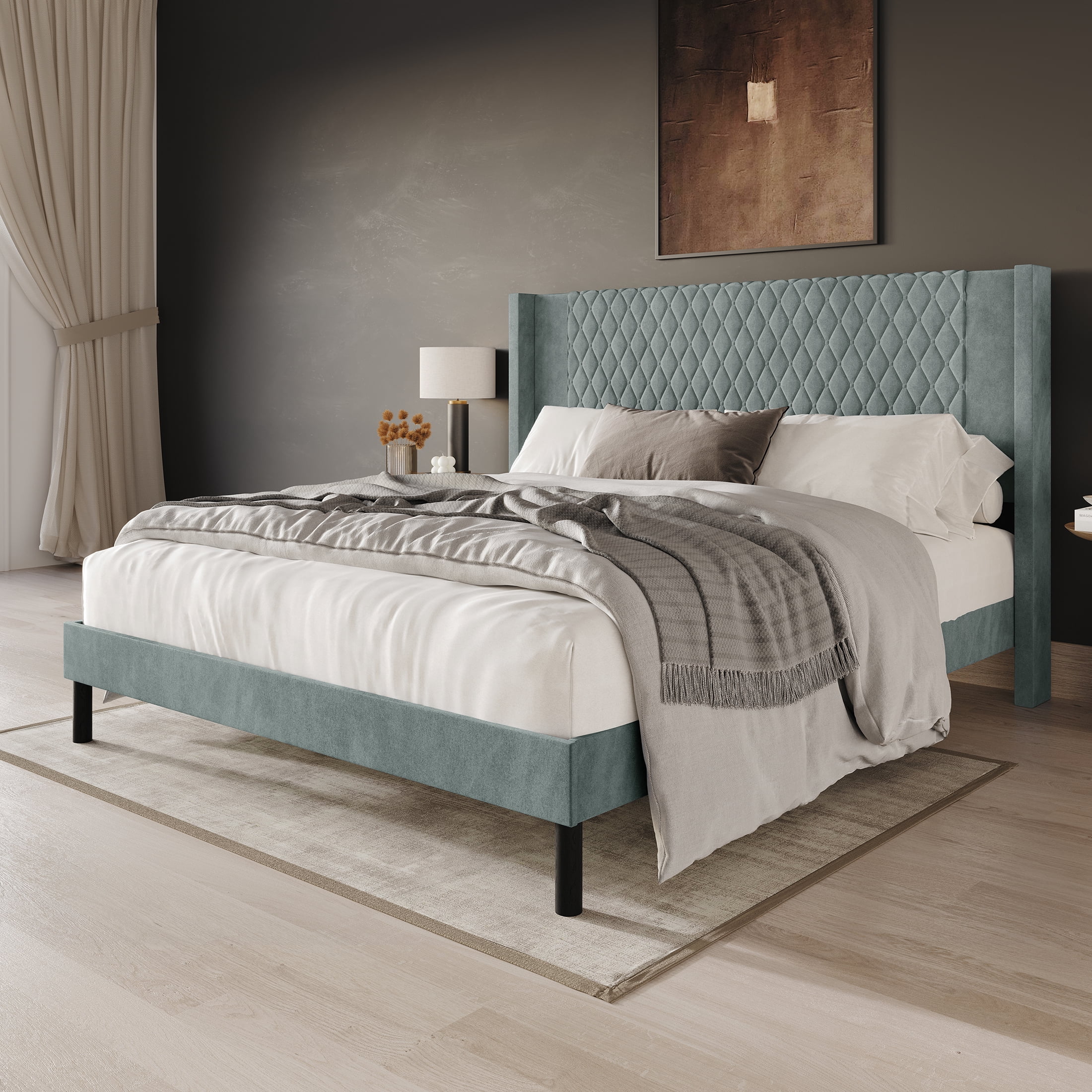 Castle Place Transitional Diamond-Stitched Velvet Wingback King Platform Bed, Light Blue