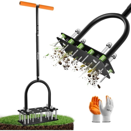 MY. Lawn Aerator Tool, Lawn Aerator with 15 Iron Spikes, Automatic Leaf and Dirt Cleaning with Spring-Loaded Design, Metal Manual Aerator for Loosening Soil Aerating Patio, Yard, Garden Orange