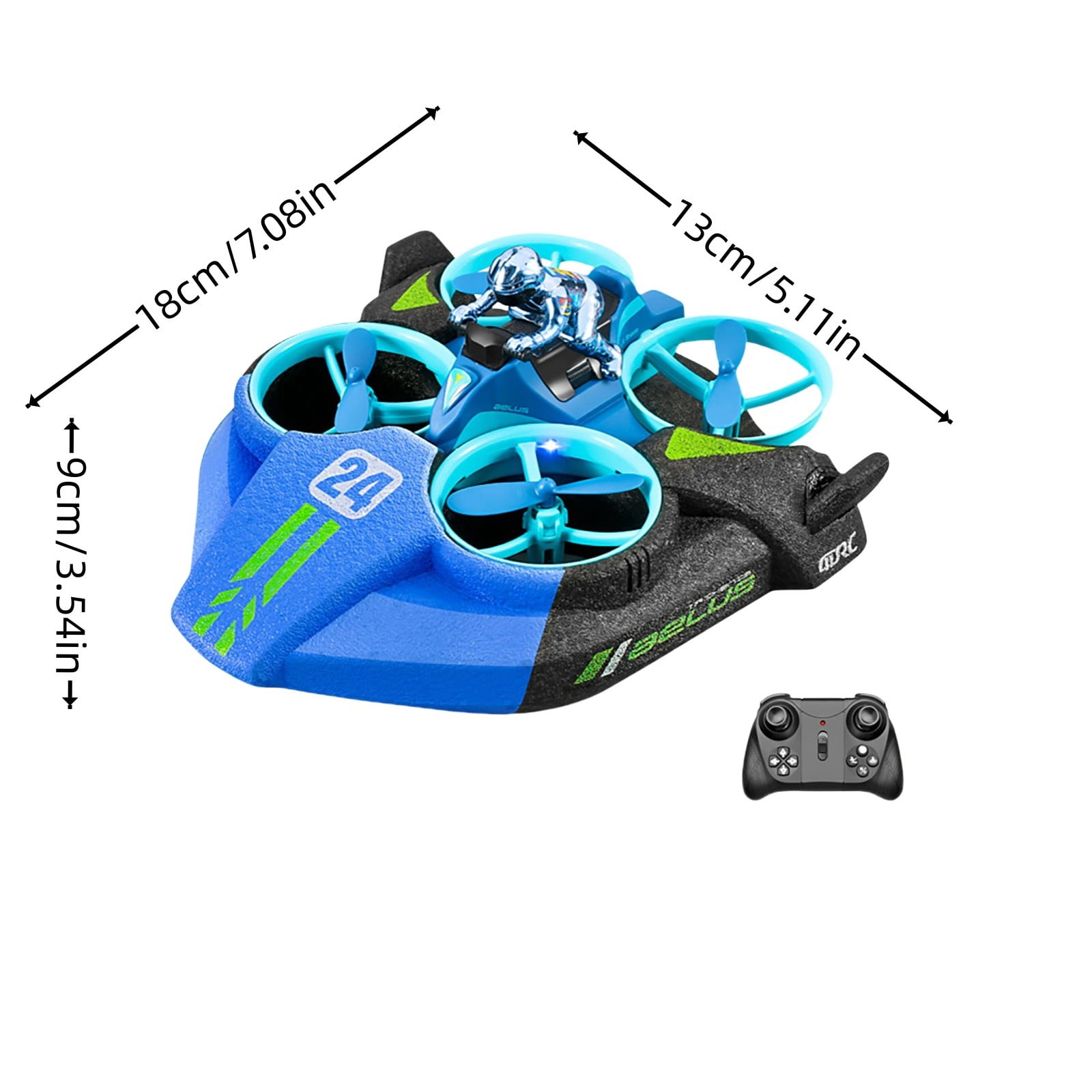 3-in-1 Remote Control Hovercraft, Sea Land Air RC Drone Drift Car, Quadcopter (Batteries Not Included for Remote), Blue