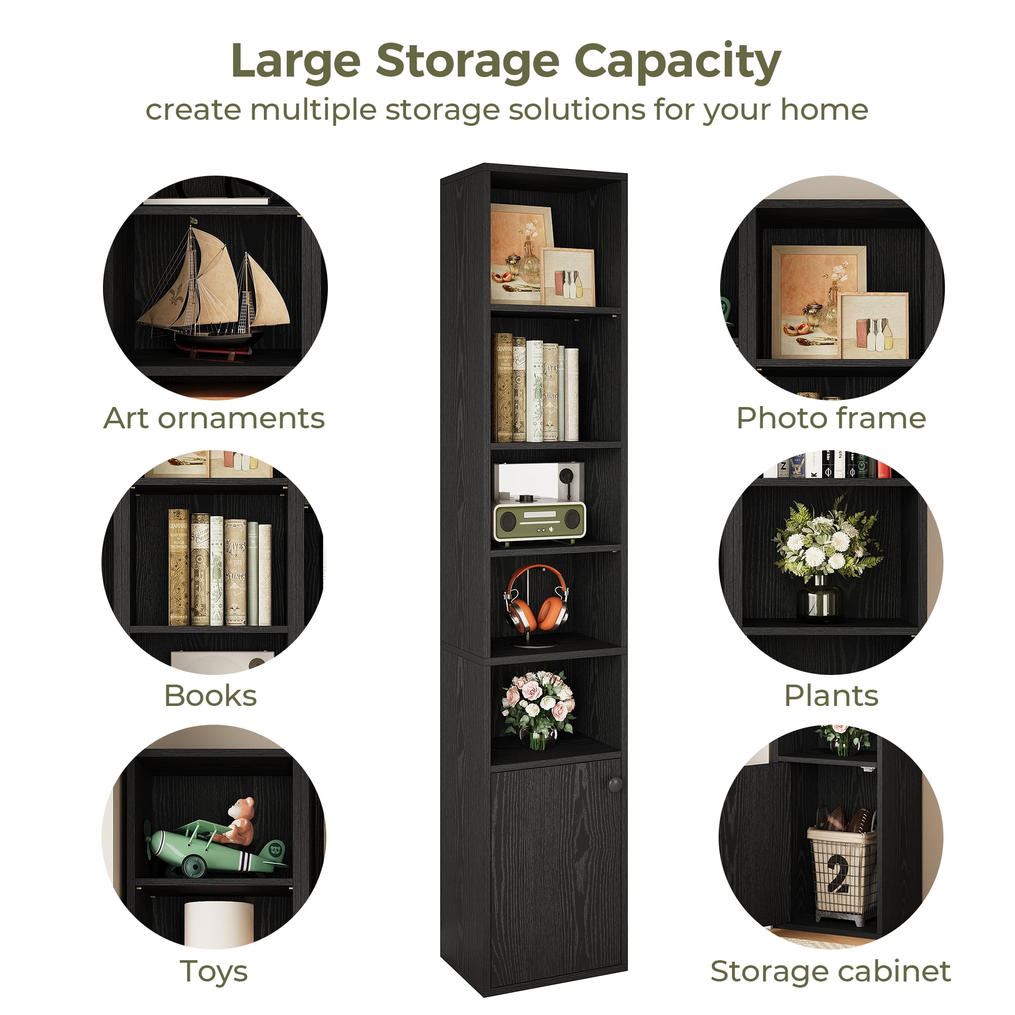 IRONCK 71" Tall Narrow Bookcase with Adjustable Shelves, 5 Tier Cube Bookshelf with 1 Door Storage Cabinet, Black