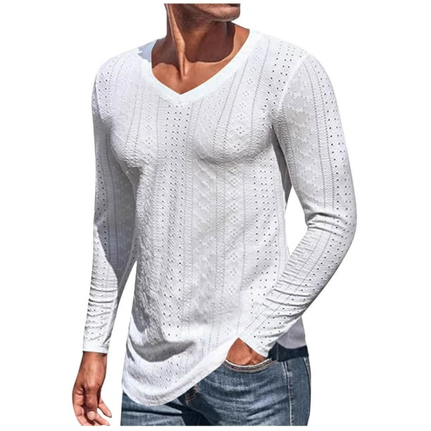 pstuiky hombres de manga larga, Camisa informal de manga larga con cuello en V y malla de color liso para hombre salir tops s