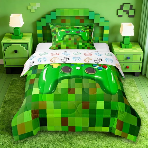 Erosebridal 3D Gaming Geometric Twin Comforter Sets For Kids Gamer,Pixelated Miners Gamer Bedding Set For Boys,Reversible 2-Piece