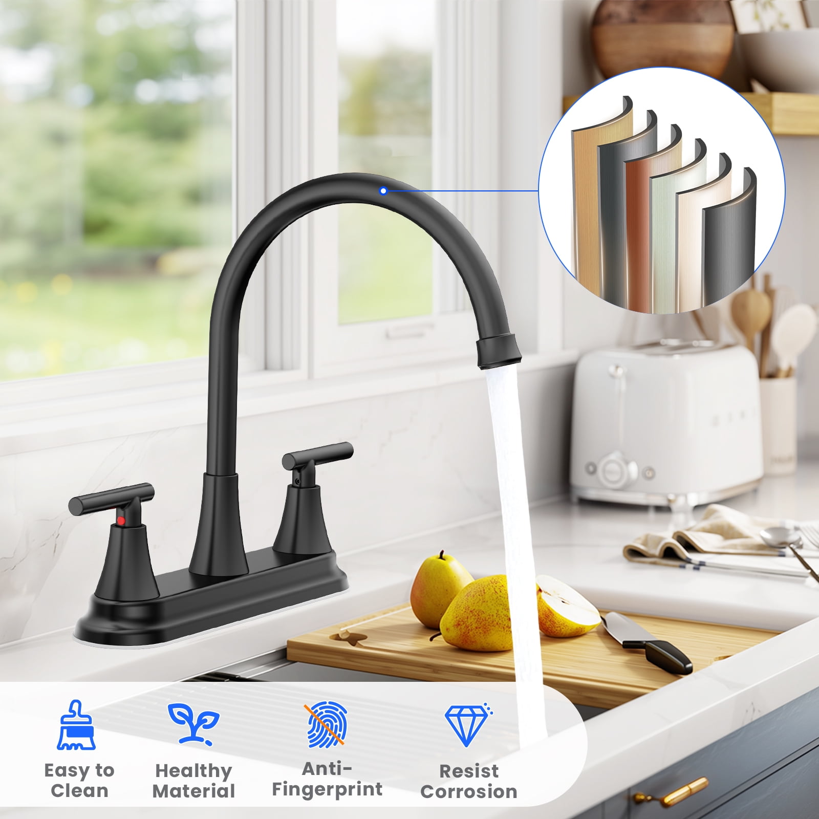 KINGTACK Two Handles Kitchen Faucet, 3 Hole or 4 Holel Faucet for Kitchen Sink, Matte Black