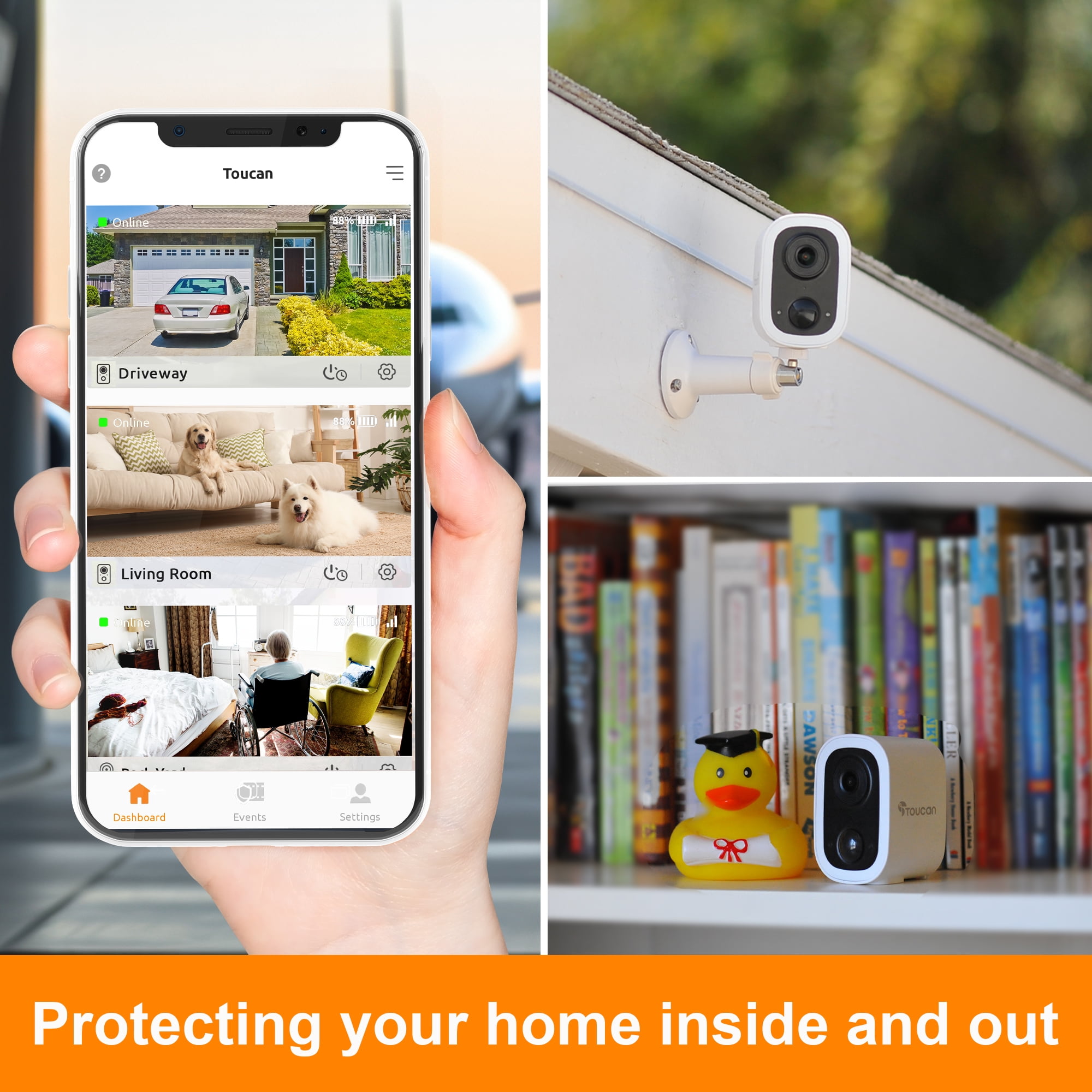 Toucan Wireless Security Camera S4 2-Pack, 2K Video, No Monthly Fees, Weatherproof, 2.4 GHz Wi-Fi, Rechargeable, Smart PIR Motion Sensor, Auto Greetings, two-way talk