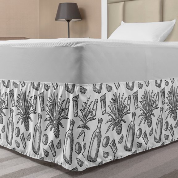 Agave Bed Skirt, Tropical Plant and Fruit Lime Salt Shot of Tequila Vintage Engraving Sketch, Elastic Bedskirt Dust Ruffle Wrap Around for Bedding Decor, 4 Sizes, White Charcoal Grey, by Ambesonne