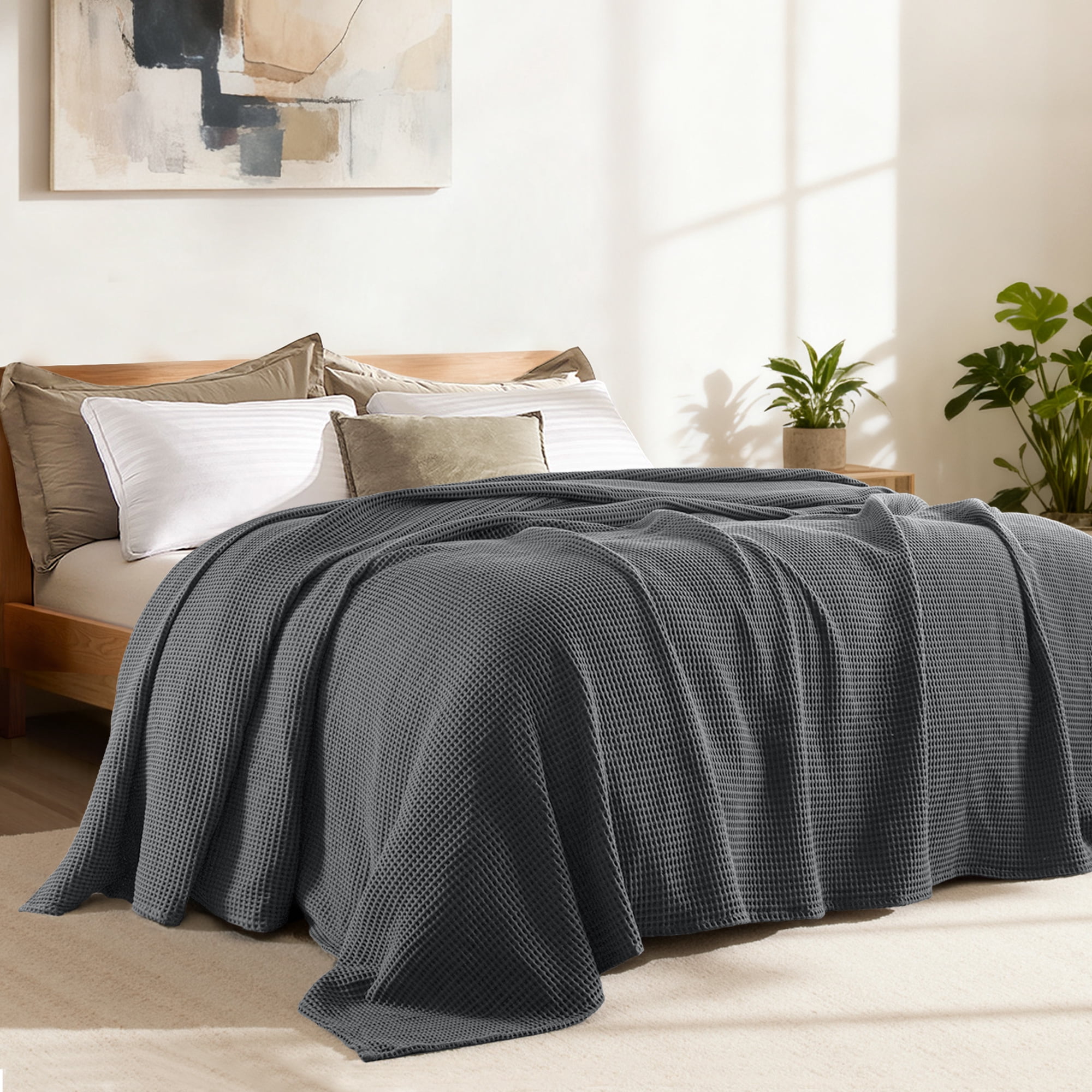 Exclusivo Mezcla 100% Cotton Waffle Blanket Queen Size for Bed, Lightweight and Breathable Gauze Muslin Blanket for Summer, Moisture-Wicking, Home Decor, 90"x90", Dark Grey