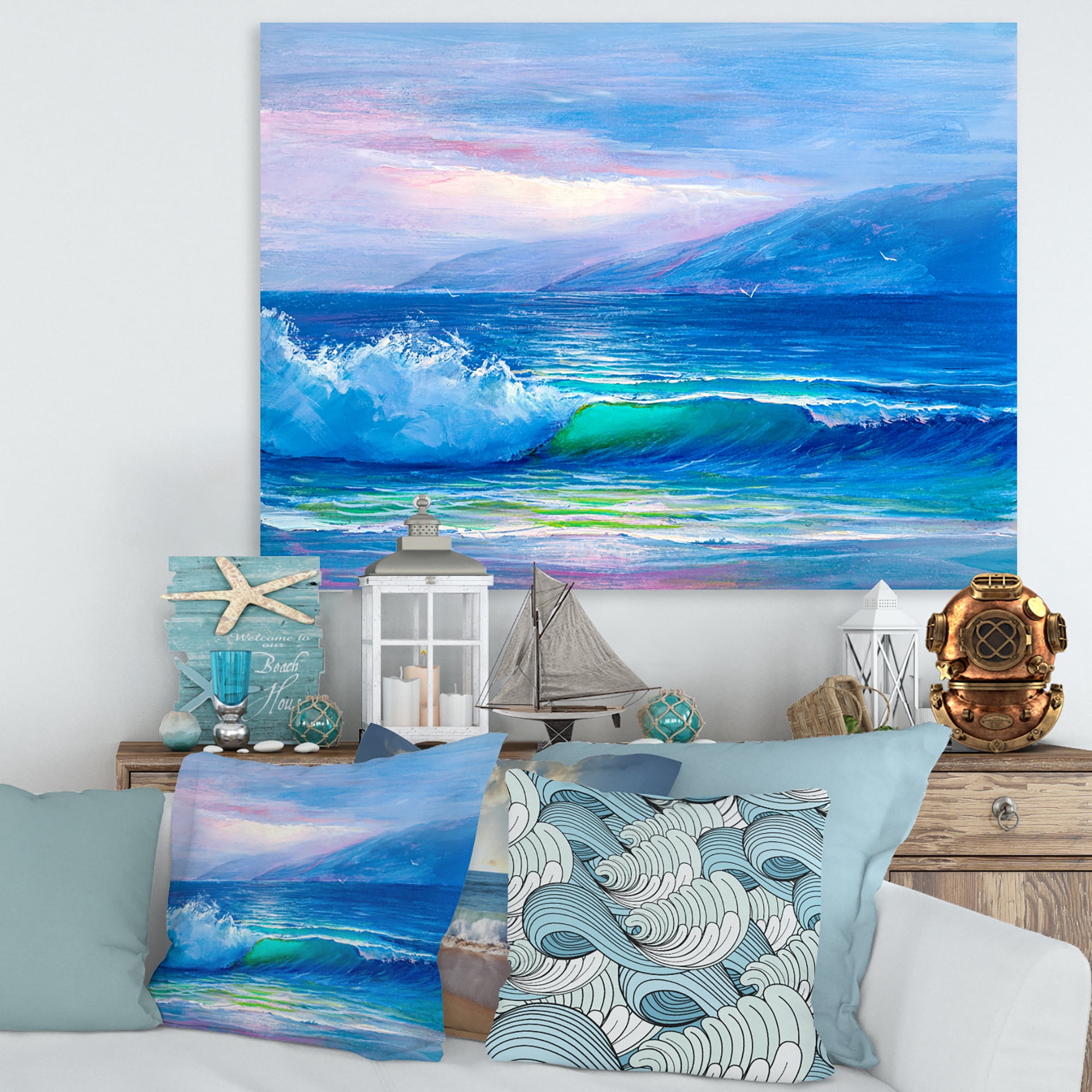 Blue Waves Breaking At The Beach Landscape II 8 in x 12 in Painting Canvas Art Print, by Designart