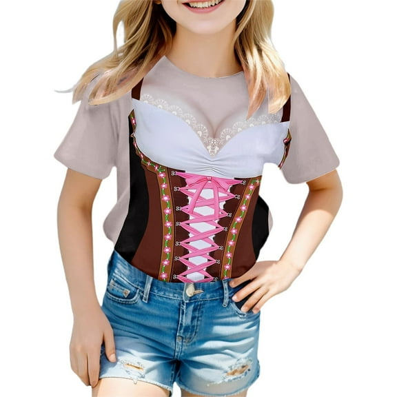 MIXUE Toddler Girls Tops & T-Shirts Summer Oktoberfest Print Round Neck Short Sleeve Loose Casual Tshirts Holiday Wear,Purple,3-4 Years