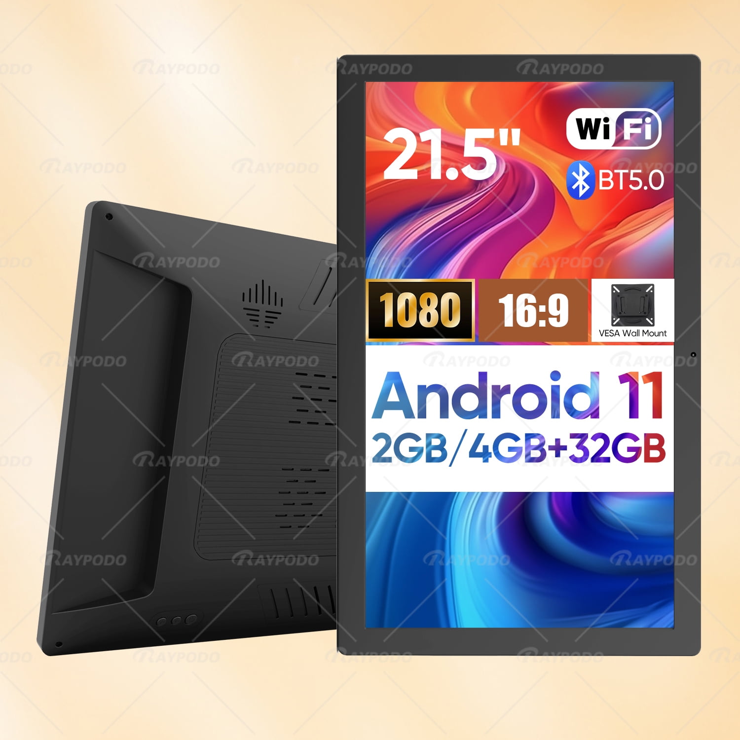 ​​Raypodo 21.5 Inch FHD Android 11.0 Digital Signage Tablet, Quad-Core RK3566, 4GB RAM 32GB ROM, Capacitive Touch Screen, Wall Mount, Wi-Fi, Black​​