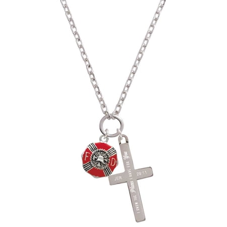Delight Jewelry Silvertone Red Enamel Fire Department Medallion I Have Plans for You Engraved Cross Zoey Necklace, 28"