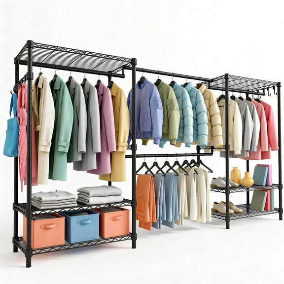 Prilinex Heavy Duty Clothes Rack with Stretchable Hanger Rod, 71.5-91.3“W Adjustable Clothing Racks for Hanging Clothes, Freestanding Metal Garment Rack, Black