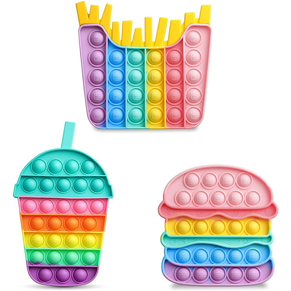 IGUOHAO Fidget Pop Toys Push it Bubble Sensory Toy, 3 Packs Silicone Hamburger French Fries Drink Colourful Soft Anxiety Stress Reliever Squeeze Toys with Pop Sound Cute Unzip Toy for Kids Adults