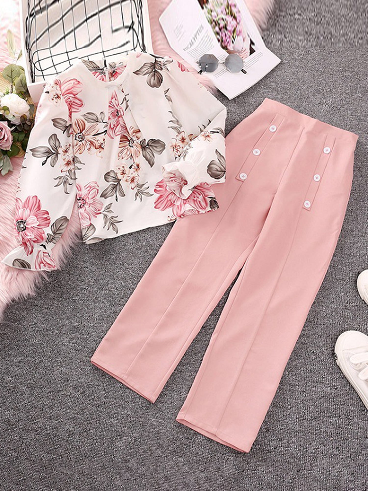 2-piece Kid Girl Letter Print Tie Knot Long-sleeve Tee and Colorblock Pants Set