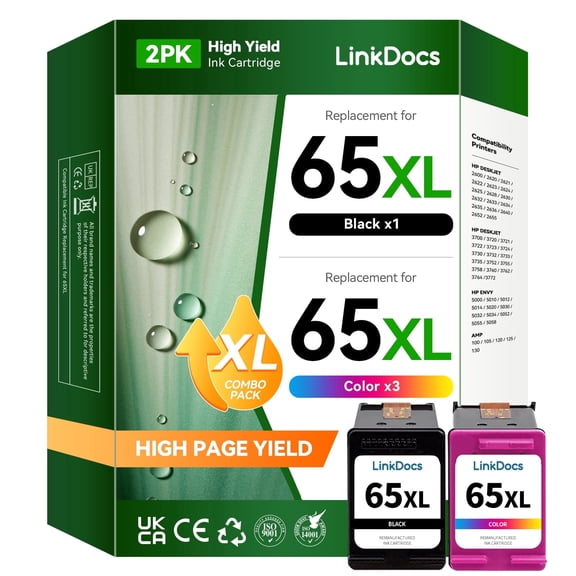 65XL Ink Cartridge Compatible for HP 65 Ink Cartridges Black Color Combo Pack used with Deskjet 3755 2652 3752 2622 2655 Envy 5055 5058 Printer Ink (2 Pack, Black&Color)