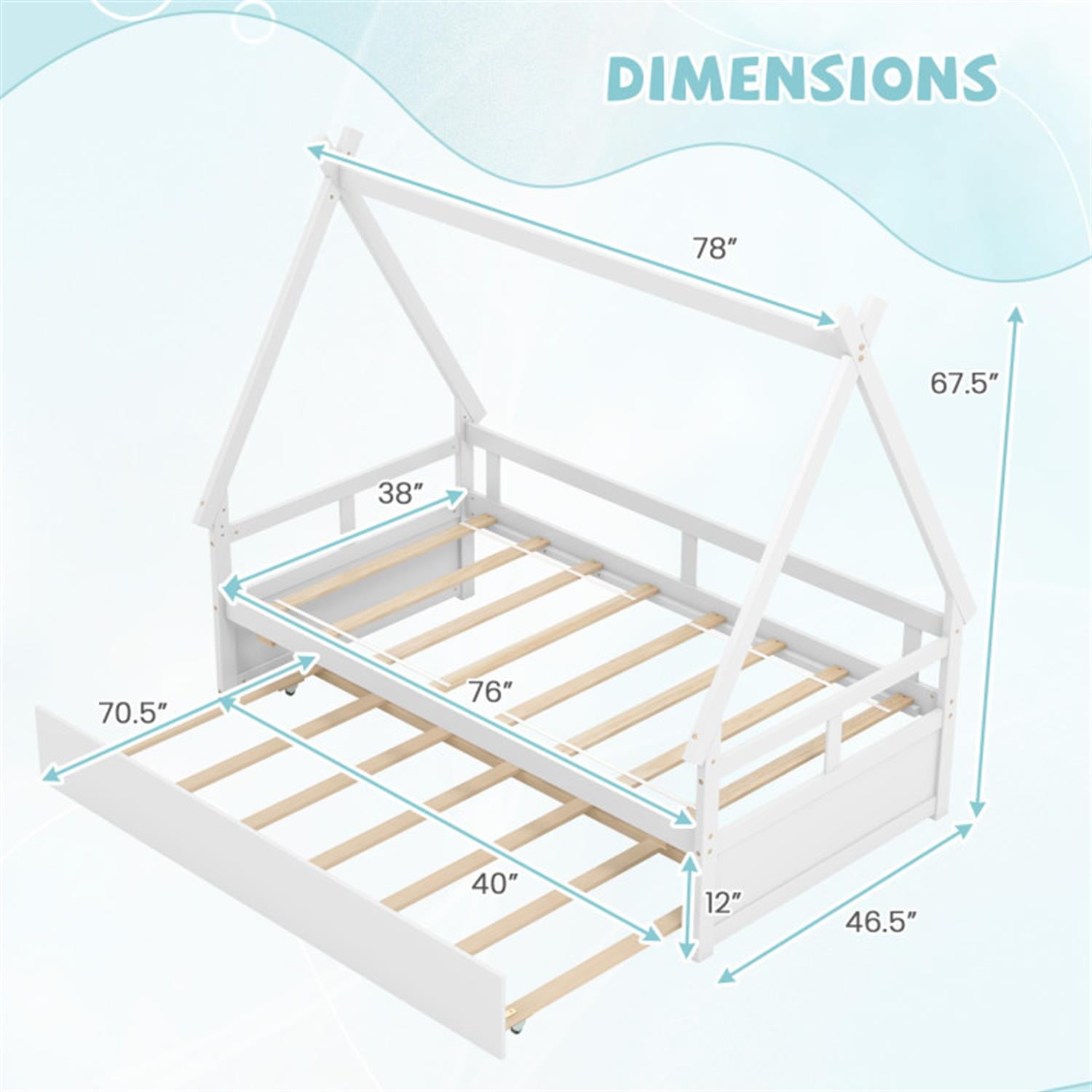 Demi Bonn Twin Size House Bed Frames with Trundle and Safety Guardrail, Modern Platform Bed Frames for Teens, White