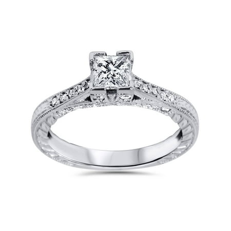 - 1ct Princess Cut Vintage Diamond Engagement Ring Antique Accent 14K White Gold