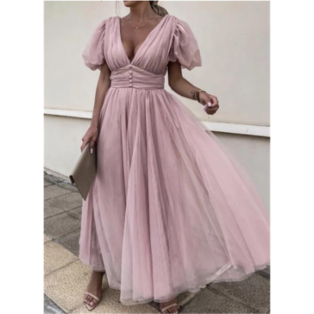 Vestido de mujer, vestido de verano de manga corta abullonada, vestido de fiesta Sexy de retazos con escote en V profundo, nuevo vestido de princesa sencillo y dulce para mujer
