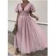 thumbnail image 1 of Vestido de mujer, vestido de verano de manga corta abullonada, vestido de fiesta Sexy de retazos con escote en V profundo, nuevo vestido de princesa sencillo y dulce para mujer, 1 of 2
