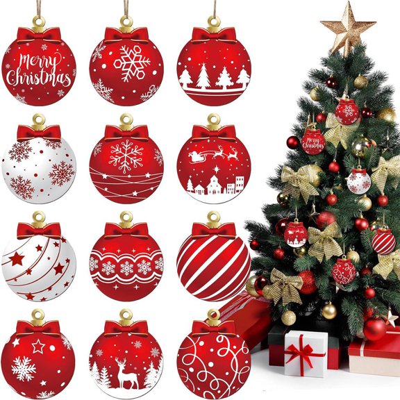 YuanGuangQ Christmas Wooden Hanging Ornament Set, Ball Baubles with Snowflake Reindeer Patterns, Festive Tree Decor for Parties, Display, Winter Celebration