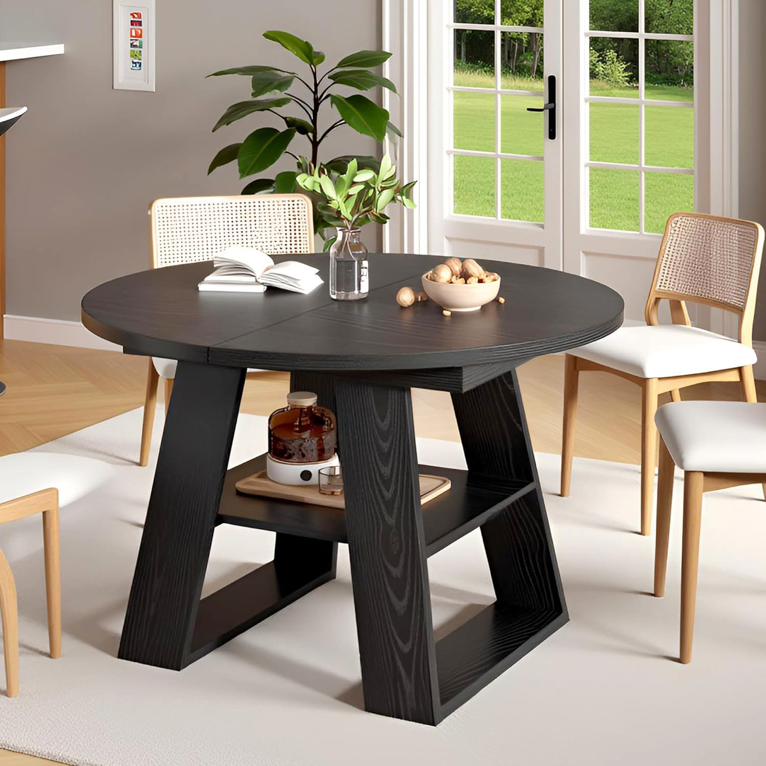 Extendable Round Dining Table for 4, Modern Oval Kitchen Dining Table with Storage Shelf, Dinner Table for Living Room, Black