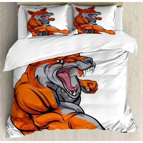Fox Duvet Cover Set, Muscular Fierce Fox Character Intense Sports Animal Mascot Punching Monster, Decorative 3 Piece Bedding Set with 2 Pillow Shams, King Size, Orange Grey White, by Ambesonne